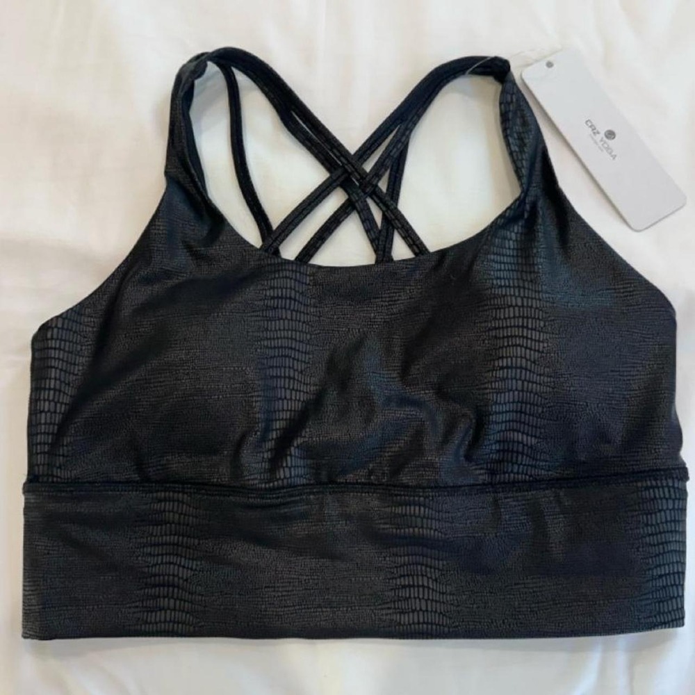 CRZ Yoga Black Crocodile Print Longline Sports Bra Strappy Back XL NWT